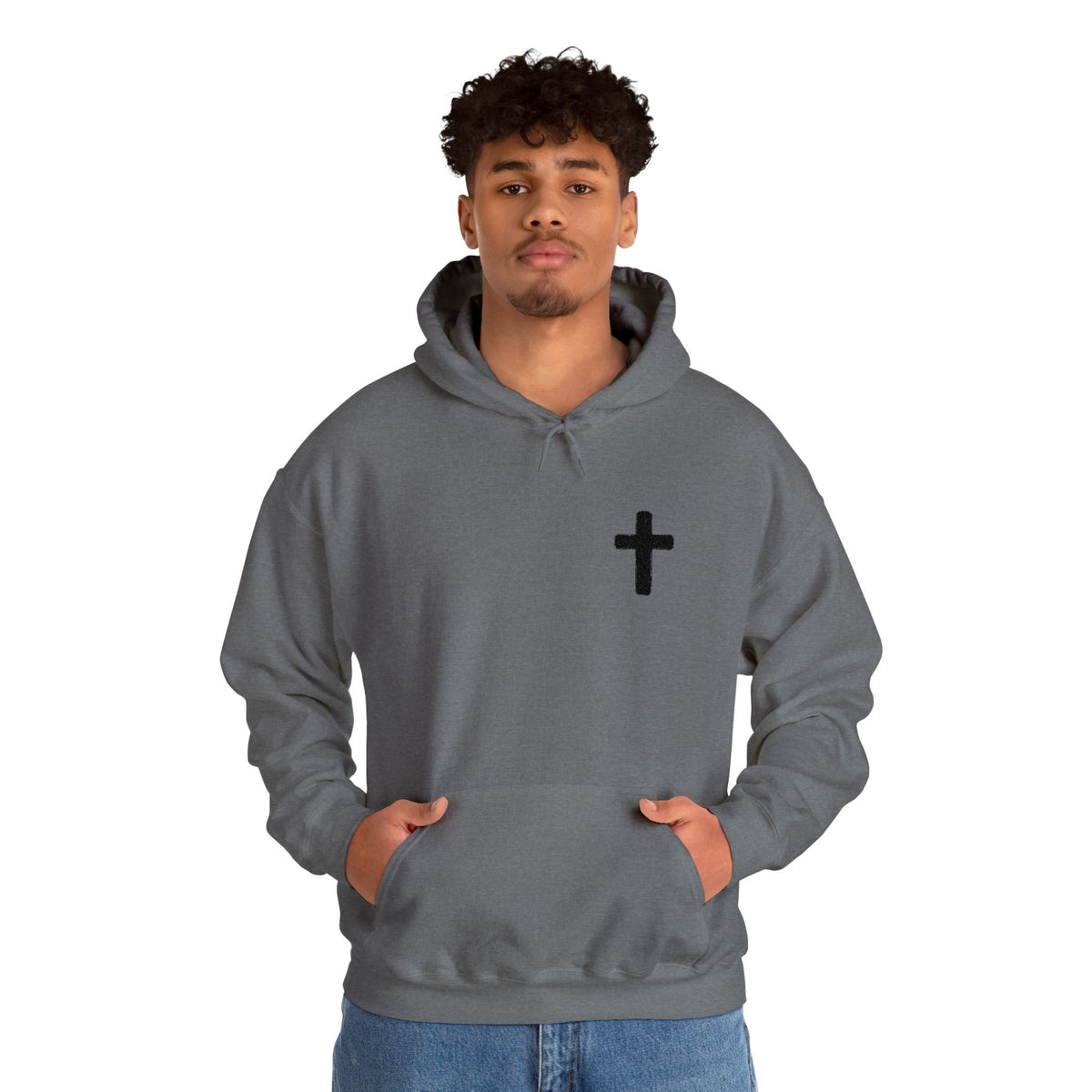 Minimalist Christian Cross Hoodie – Small Black Embroidered Cross