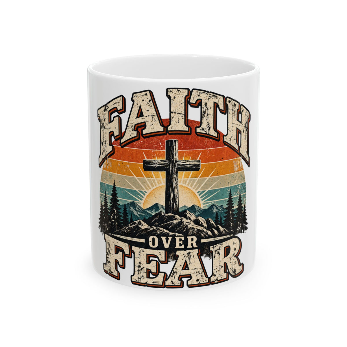 Faith Over Fear Mug | Cross Sunrise Mountain Christian Design Coffee Mug