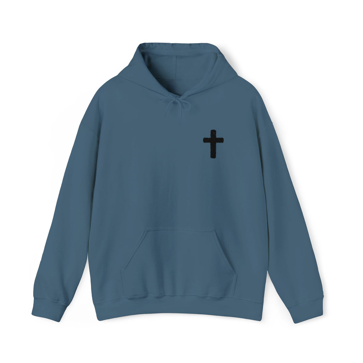 Blue Christian hoodie with small black embroidered cross on chest