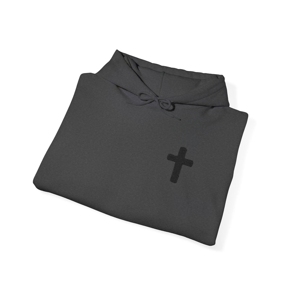 Minimalist Christian Cross Hoodie – Small Black Embroidered Cross
