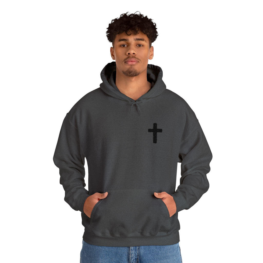 Minimalist Christian Cross Hoodie – Small Black Embroidered Cross