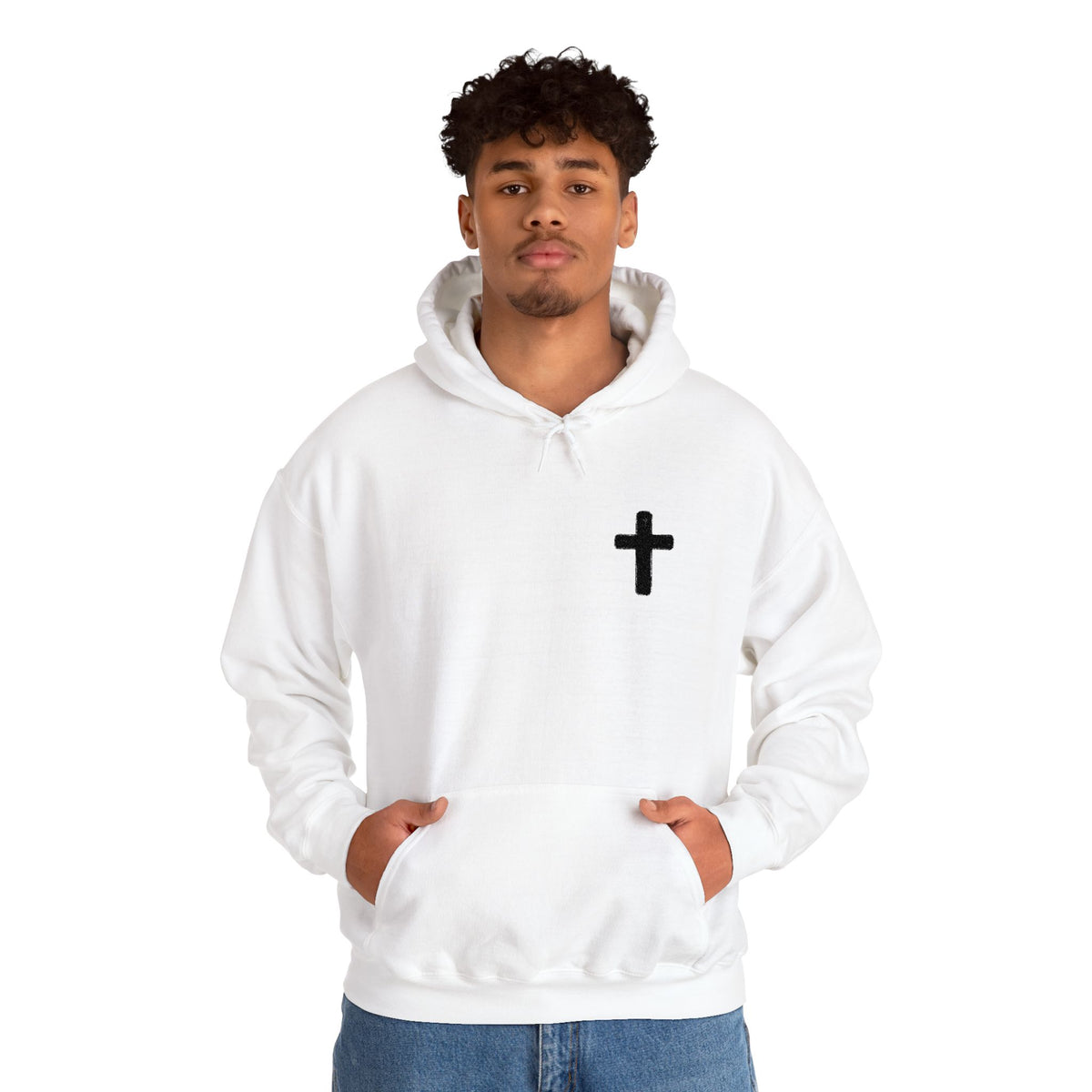 Minimalist Christian Cross Hoodie – Small Black Embroidered Cross
