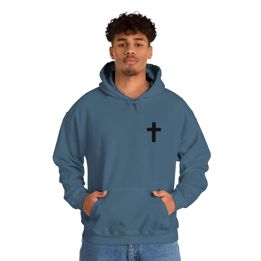 Minimalist Christian Cross Hoodie – Small Black Embroidered Cross