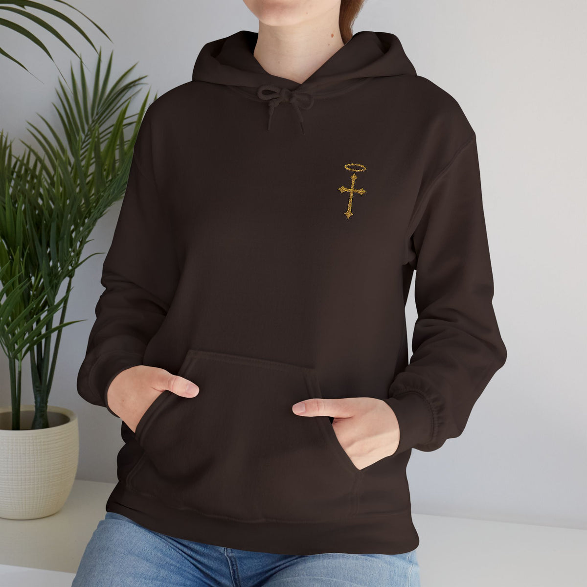Minimalist Christian Cross Hoodie – Embroidered Cross & Halo