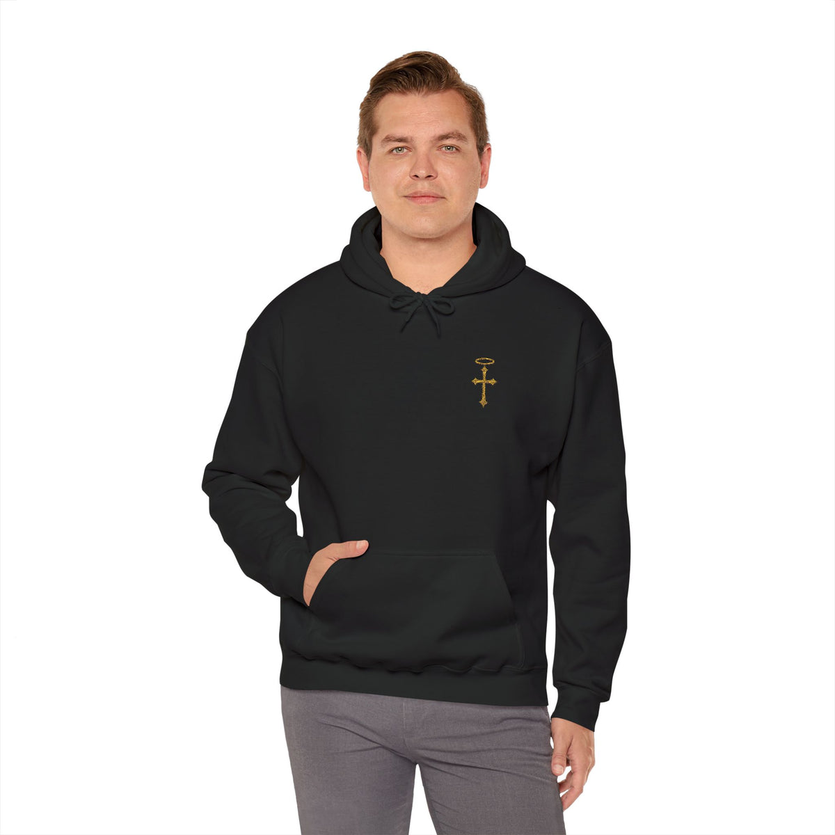 Minimalist Christian Cross Hoodie – Embroidered Cross & Halo