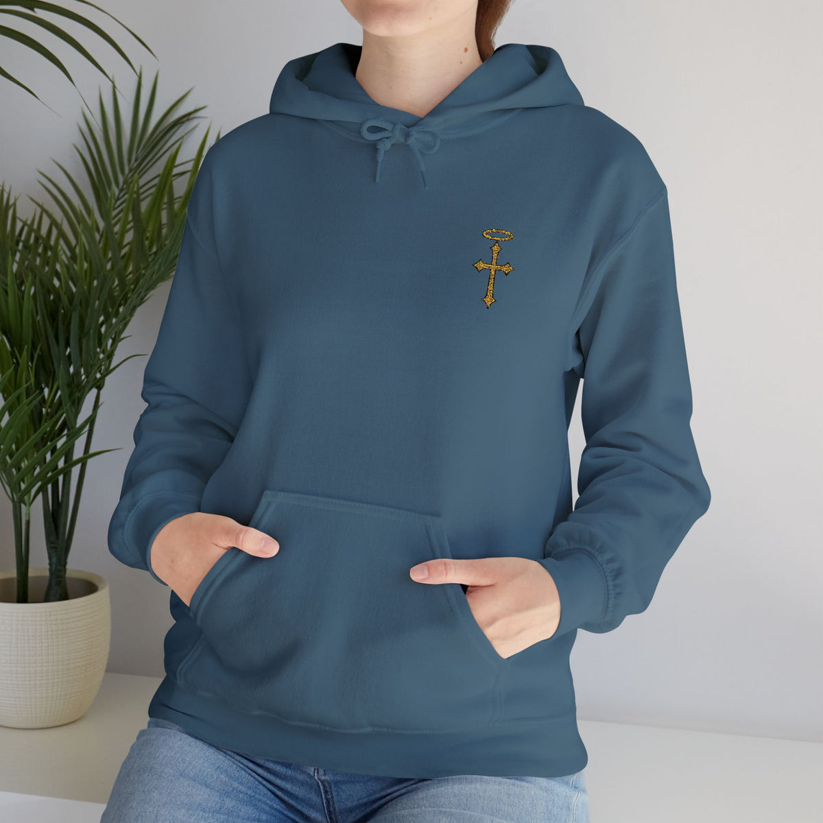 Minimalist Christian Cross Hoodie – Embroidered Cross & Halo