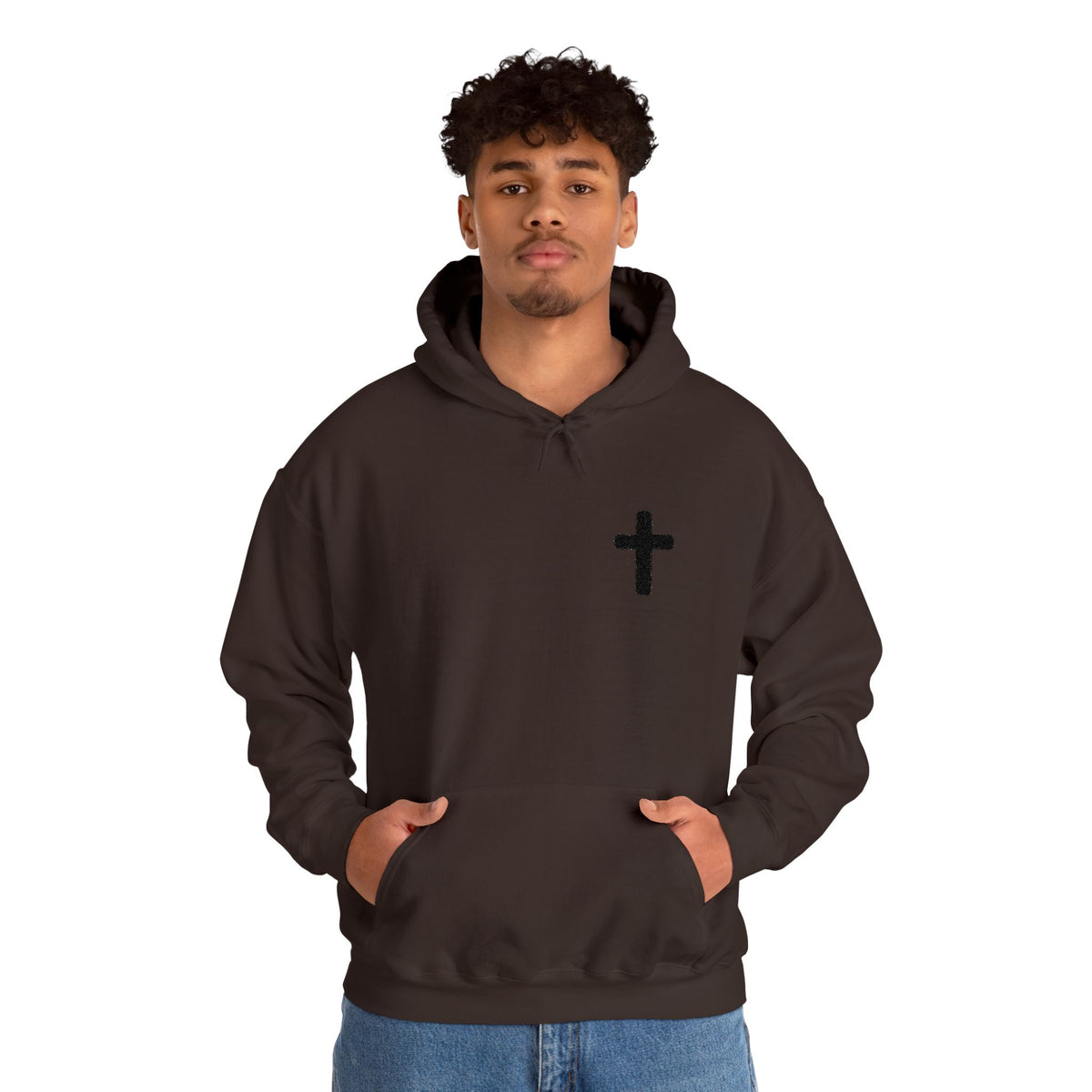 Minimalist Christian Cross Hoodie – Small Black Embroidered Cross