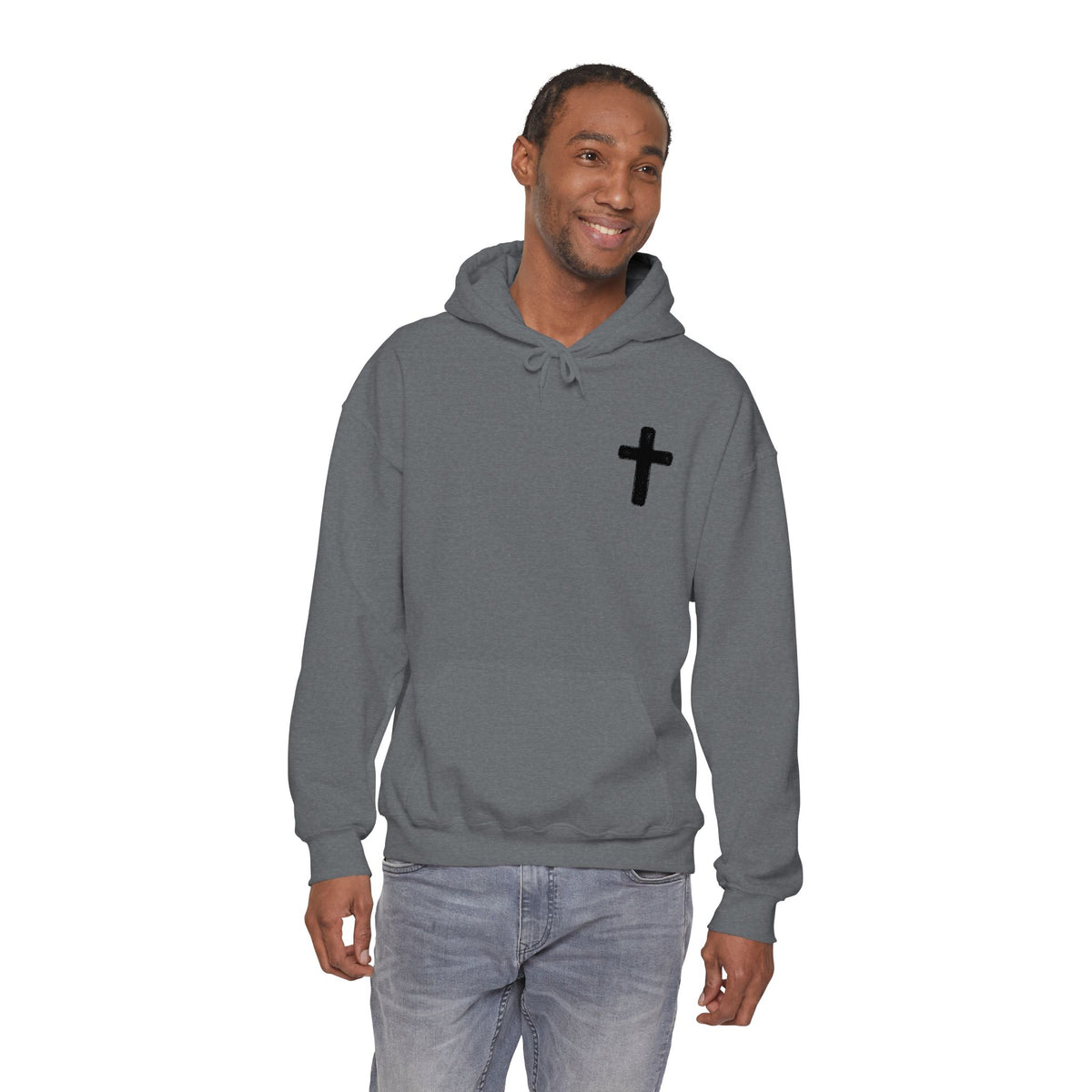 Minimalist Christian Cross Hoodie – Small Black Embroidered Cross