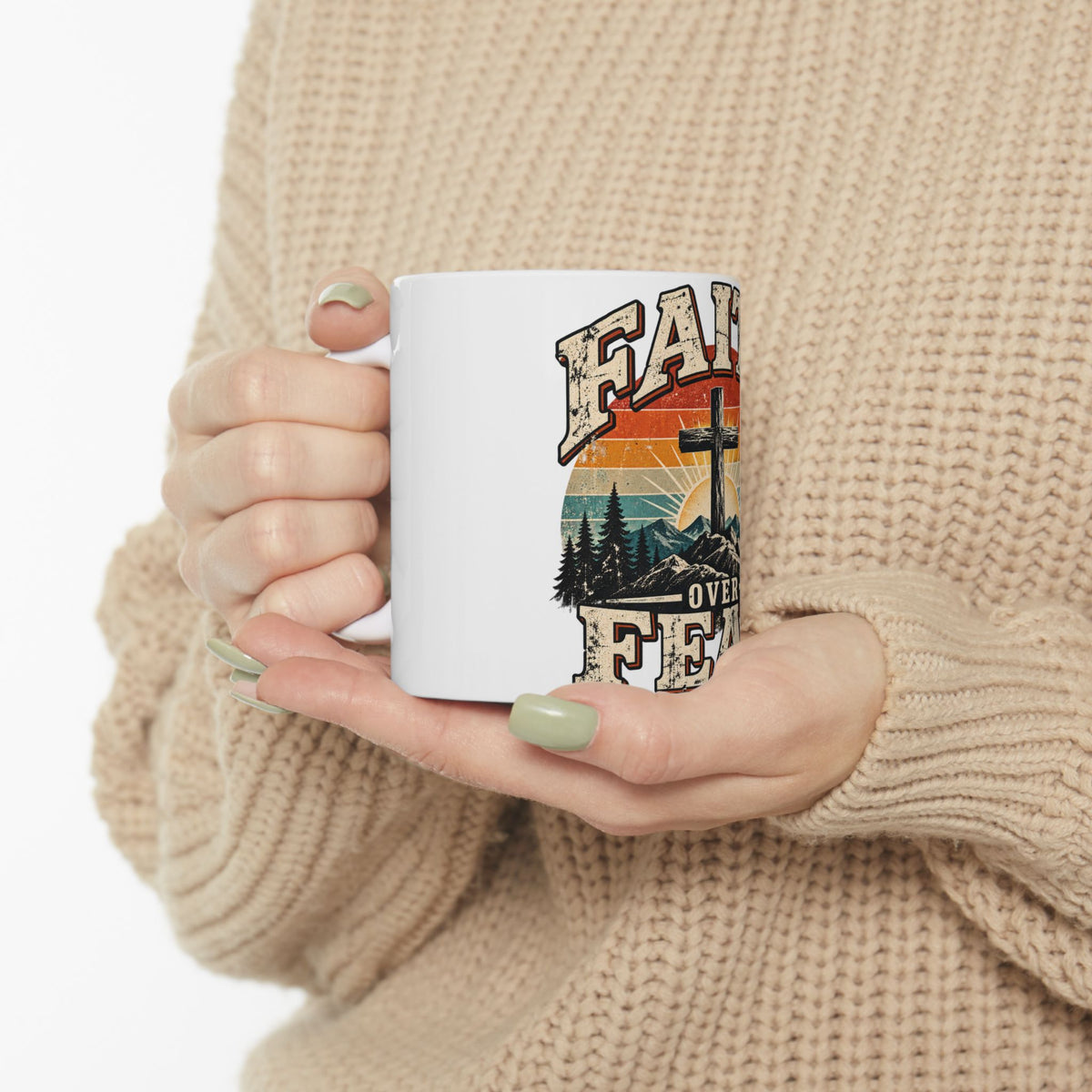 Faith Over Fear Mug | Cross Sunrise Mountain Christian Design Coffee Mug