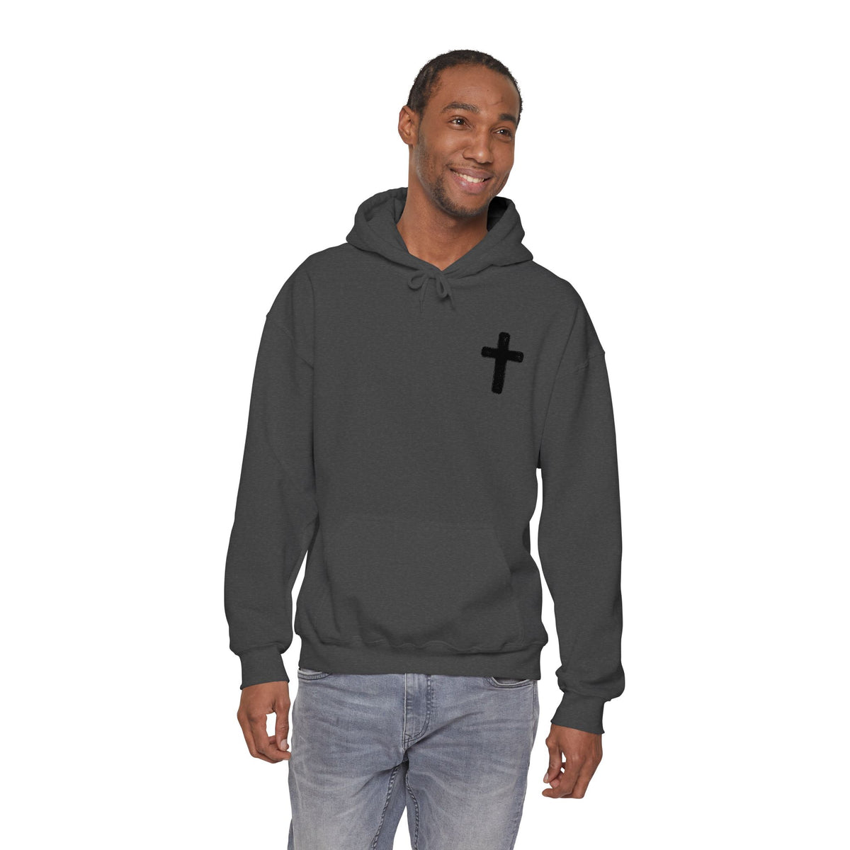 Minimalist Christian Cross Hoodie – Small Black Embroidered Cross