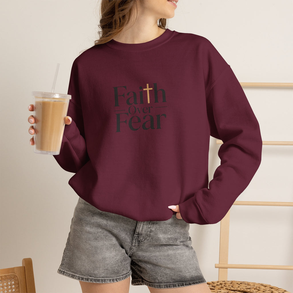Faith Over Fear Christian crewneck sweatshirt in white with red design